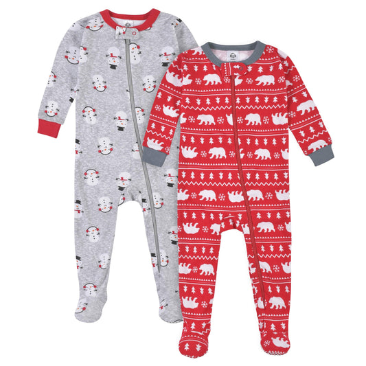 2-Pack Baby Neutral Bear & Snowman Snug Fit Footed Cotton Pajamas